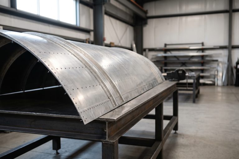 A curved, riveted aluminium panel on a workshop bench