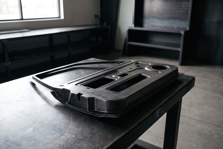 A pressed steel door inner panel on a bench