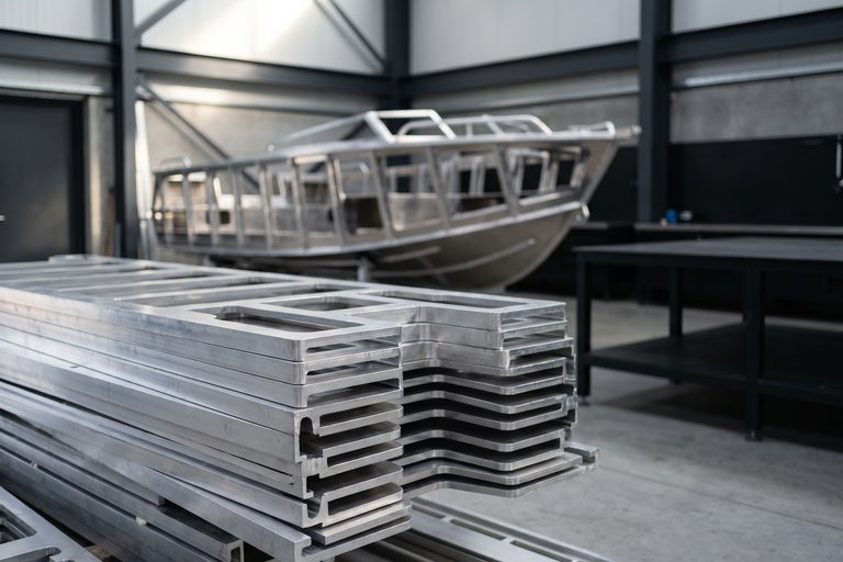 Cut aluminium frames stacked in front of a boat hull