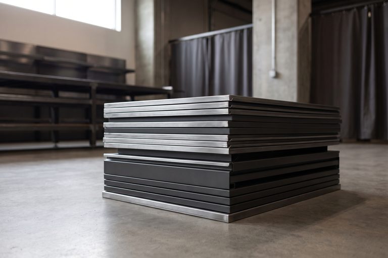 A stack of folded sheet metal cabinet panels