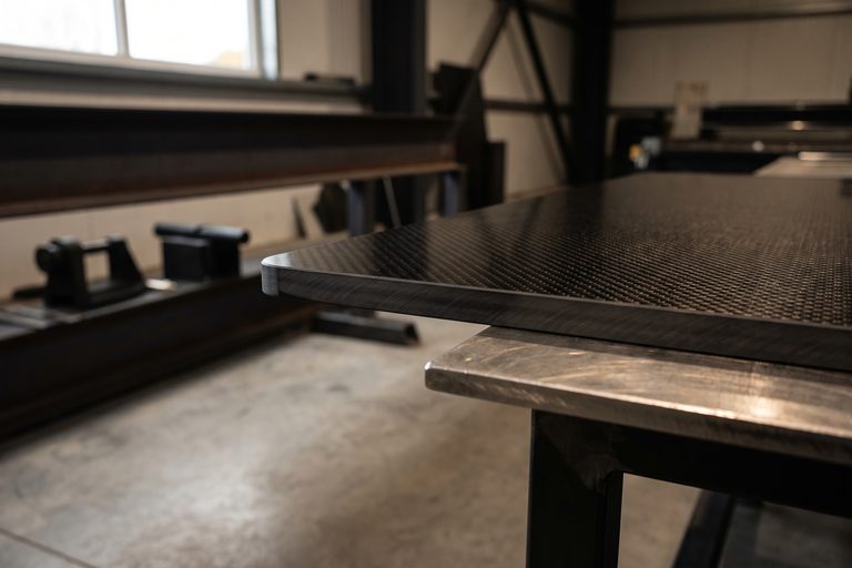 A carbon fibre sheet on a steel table