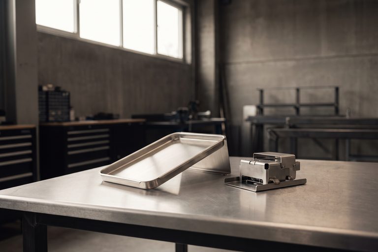 A stainless steel tray and a small housing on a bench