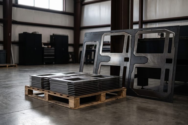Laser cut steel plates stacked on a pallet