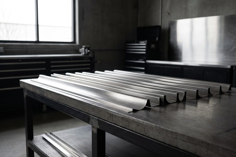 Bent steel profiles on a workshop table