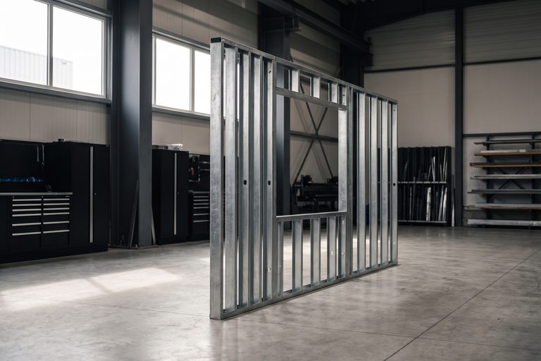 A steel stud wall frame in a hall