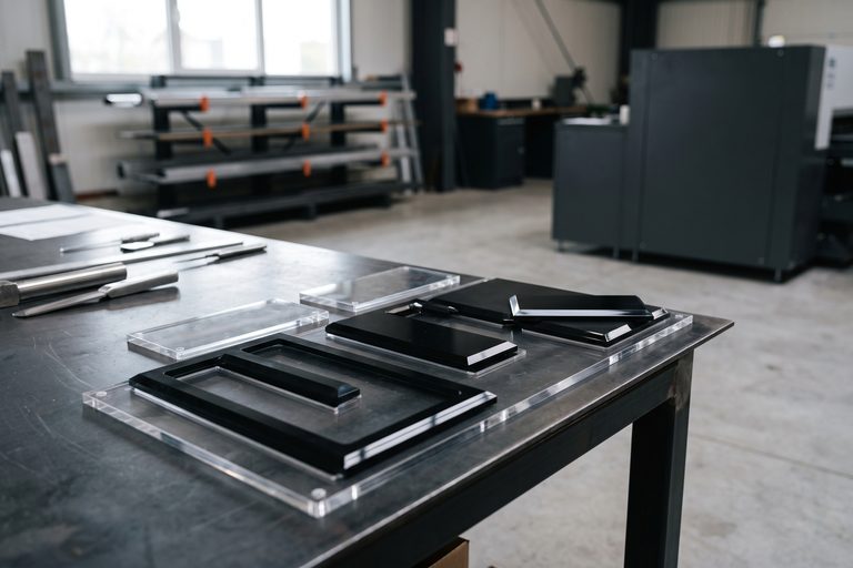 Cut acrylic sheets on a black table