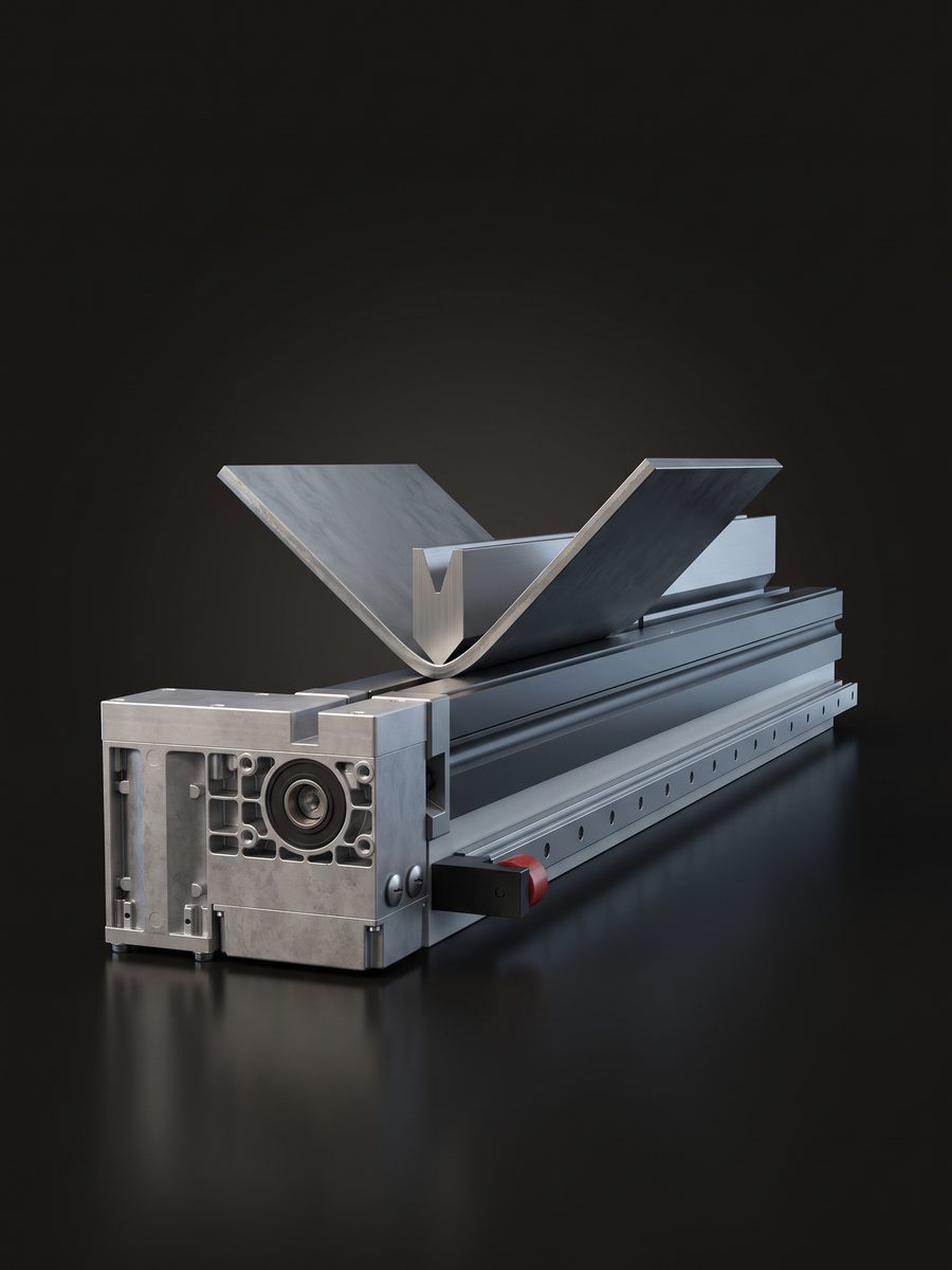 A press brake punch pressing a steel sheet into the V die, 3D render