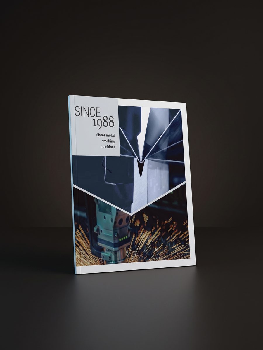 The printed ACCURL catalogue standing in a dark studio, 3D render