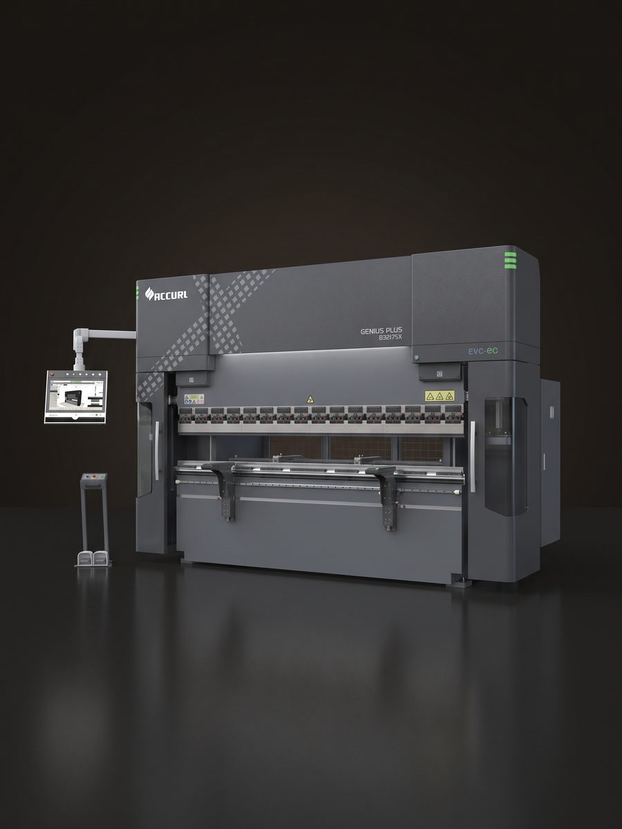 The GENIUS PLUS X CNC press brake in a dark studio, 3D render