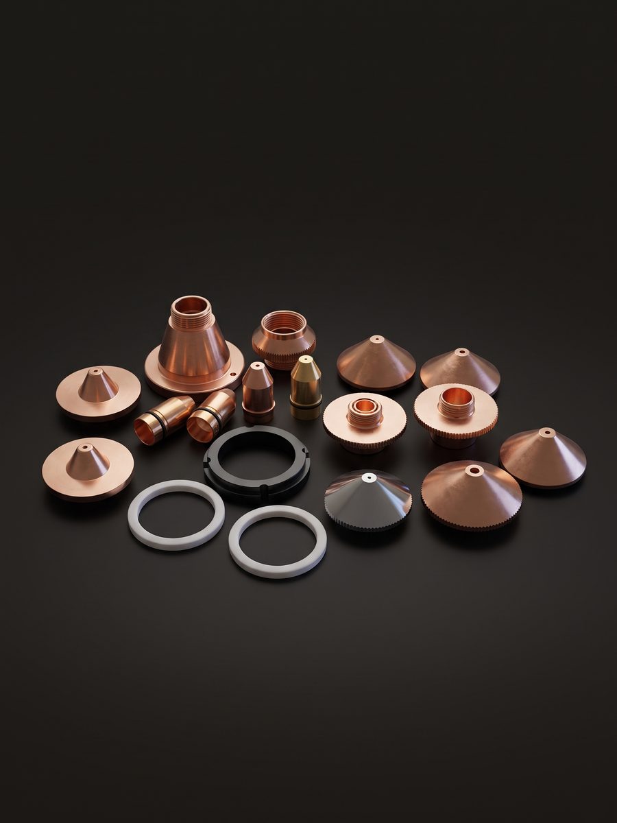 Laser cutting nozzles, ceramic rings and consumables in a dark studio, 3D render
