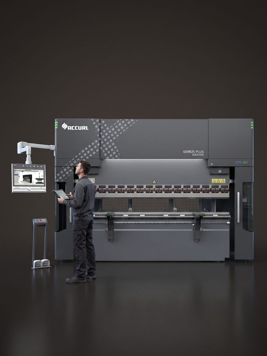 A service technician with a tablet beside the GENIUS PLUS X press brake, 3D render