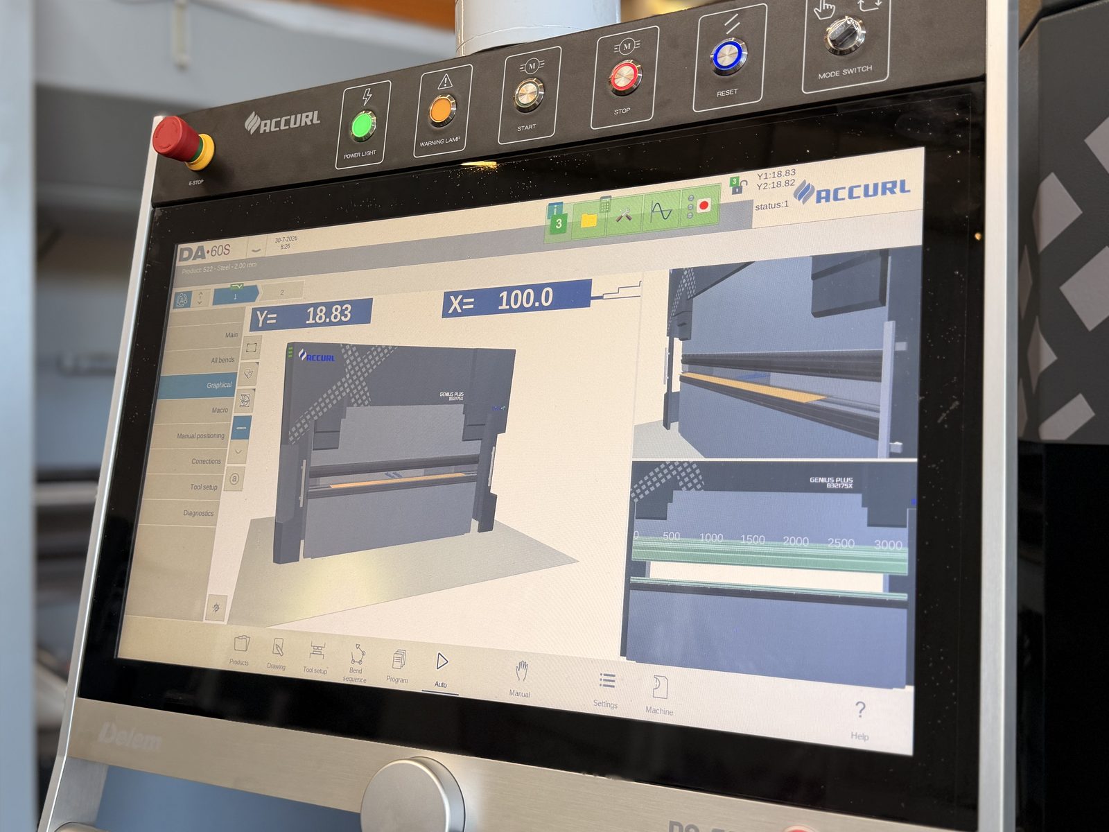 The Delem DA-66S control of a Genius PLUS B32175X showing a bend program in graphical view